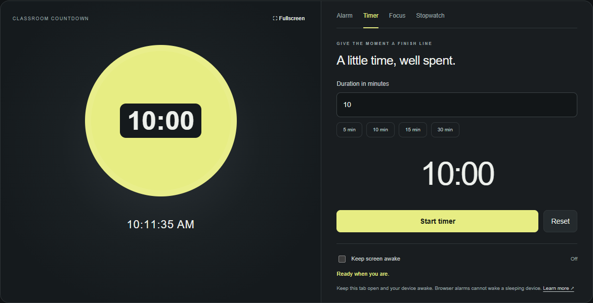 Desktop classroom timer showing a ten-minute visual disk with duration, start and reset controls.