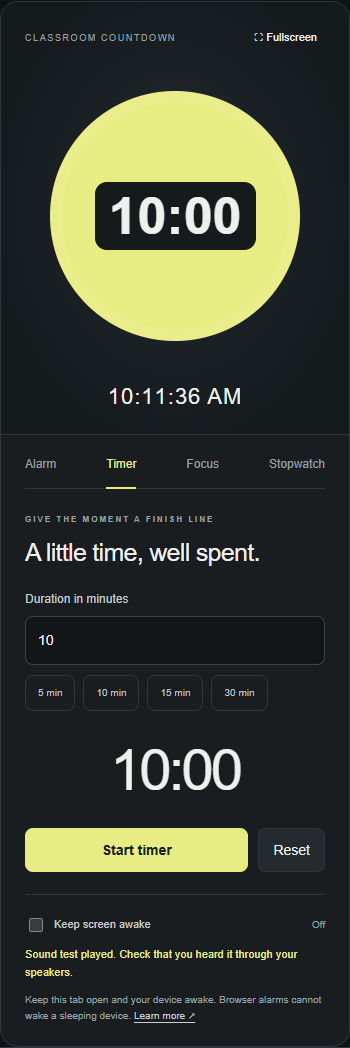 Phone view of the classroom timer showing its ten-minute visual disk and timer controls.